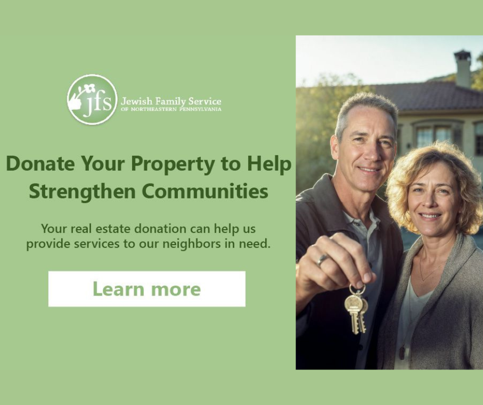 Couple holding keys in front of a house, text: 