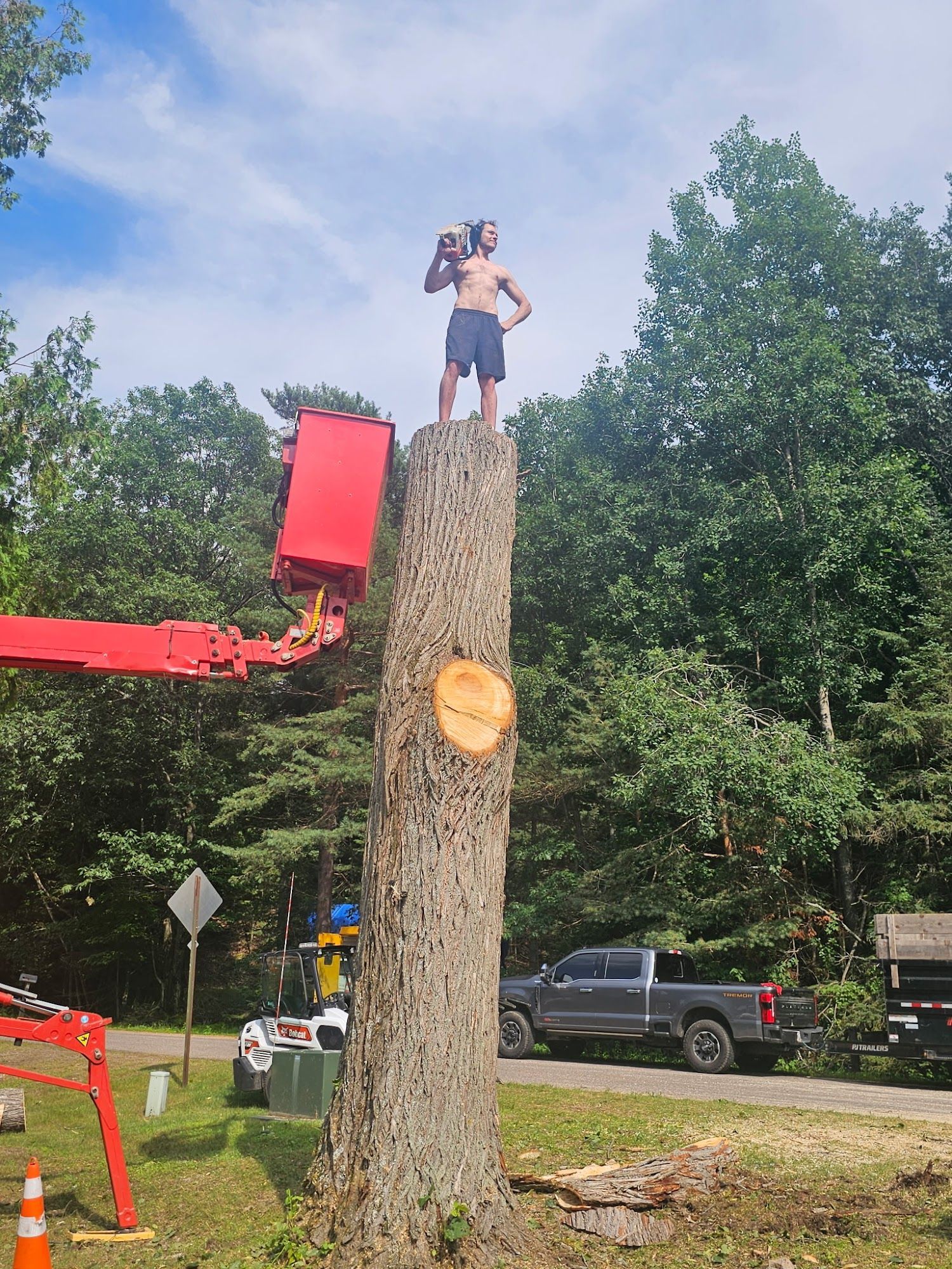 Person standing on top of a tall cut tree trunk in a wooded outdoor area.