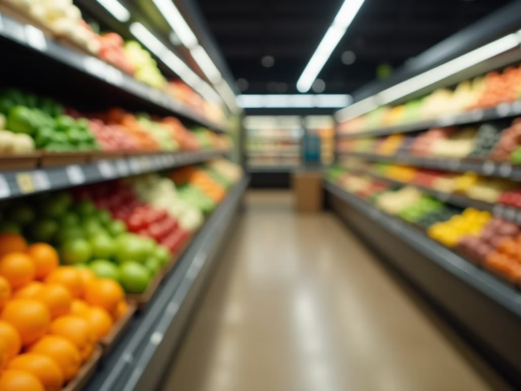Blurred supermarket produce aisle with colorful fruits and vegetables on both sides