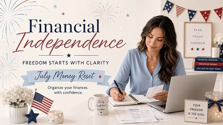 Financial independence planner ad with woman at desk, laptop, notebooks, and patriotic decor