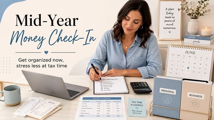 Mid-year money check-in banner with woman at desk, laptop, bills, and budget folders