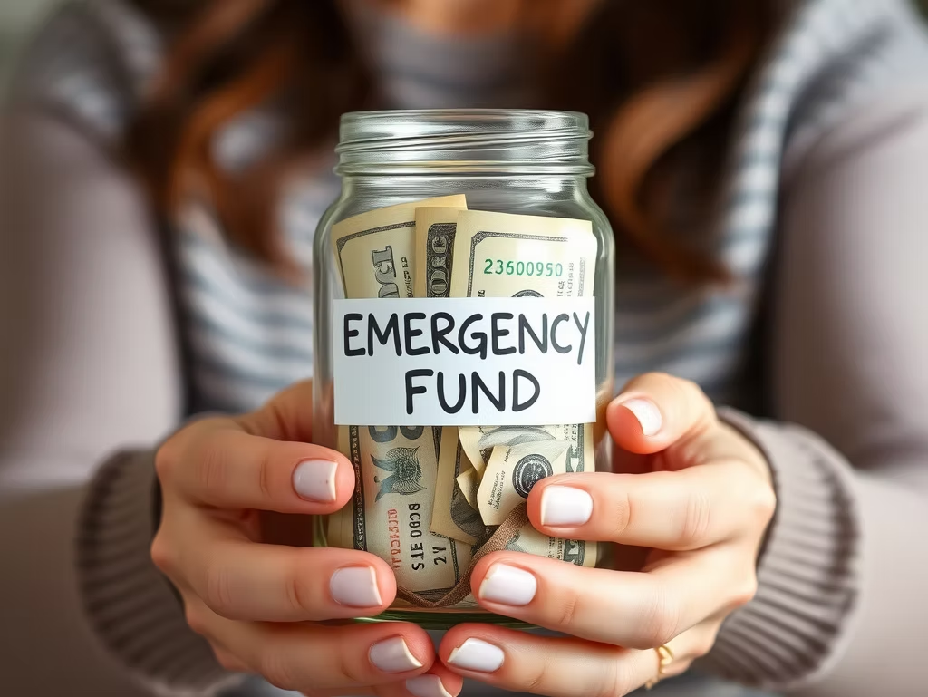 Hands holding a jar labeled “EMERGENCY FUND” with cash inside