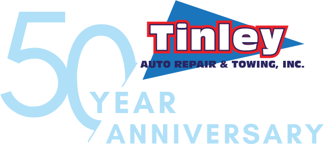 Tinley Auto Repair & Towing, Inc. 50 year anniversary logo in red, blue, and light blue | Tinley Auto Repair & Towing Inc