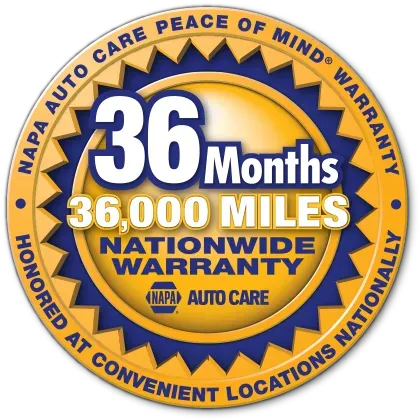 NAPA Auto Care nationwide warranty badge: 36 months or 36,000 miles, gold and blue circular seal | Tinley Auto Repair & Towing Inc