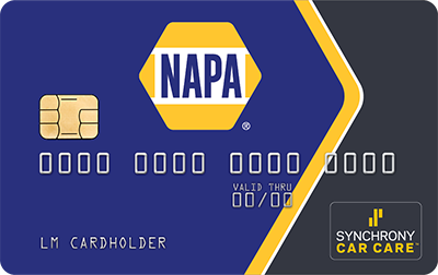 NAPA Synchrony car care credit card in navy blue and yellow with chip and cardholder text | Tinley Auto Repair & Towing Inc