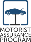 Blue car on a lift inside a blue square, Motorist Assurance Program text below.