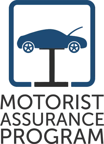 Blue car on a lift inside a blue square, Motorist Assurance Program text below.