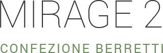 MIRAGE 2 text in dark gray above CONFEZIONE BERRETTI in green.