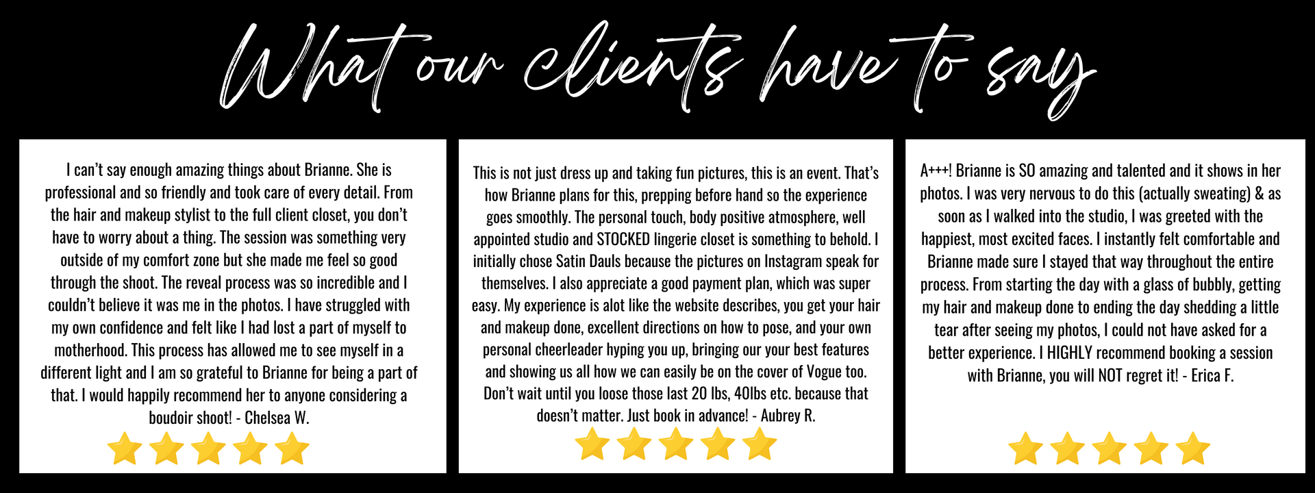 Three pieces of paper with the words `` what our clients have to say '' written on them.