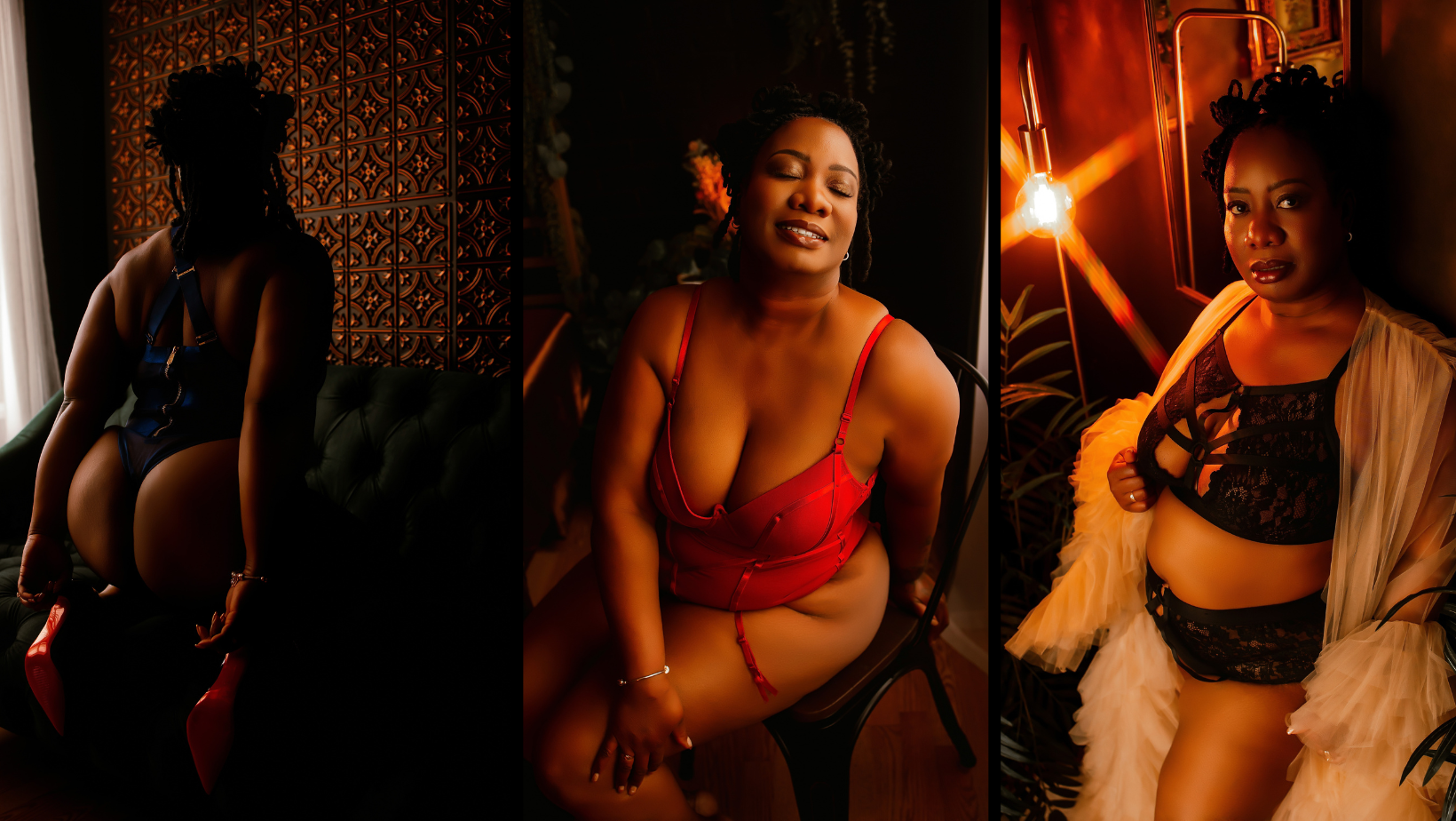 A collage of three pictures of a woman in lingerie.