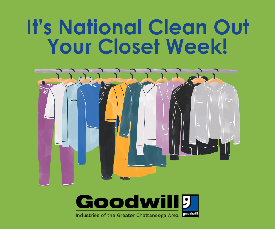 Clothing hanging on a rack in various colors, for National Get Organized Month in January 2026. Goodwill logo included.