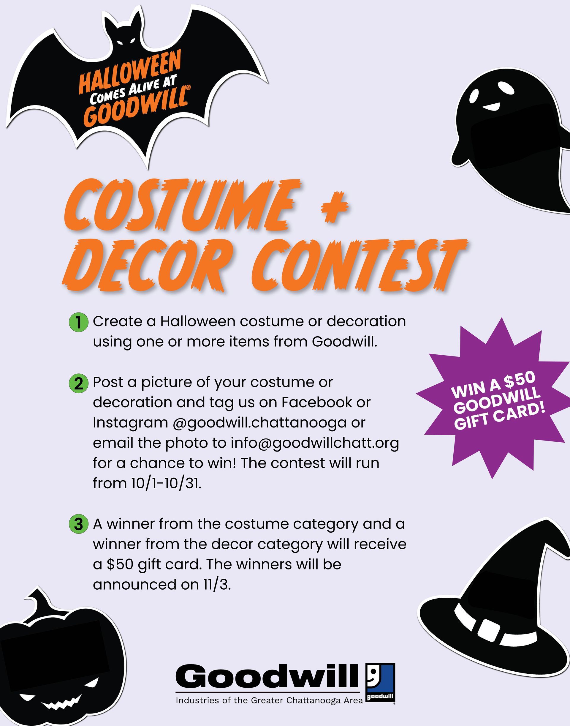 A poster for a halloween costume and decor contest.
