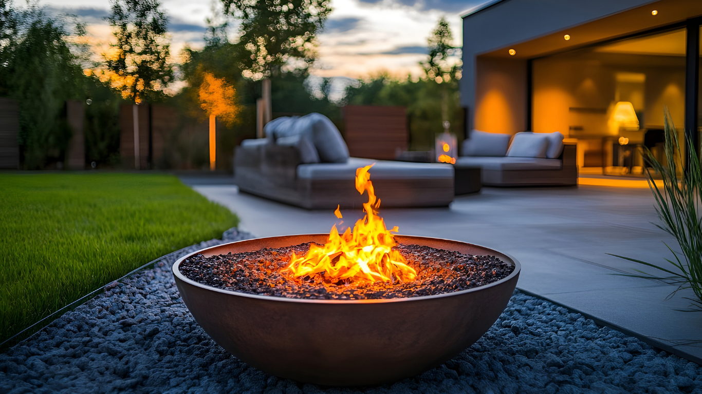Fire pit with flames in a modern outdoor setting, near patio furniture and grass, at dusk.