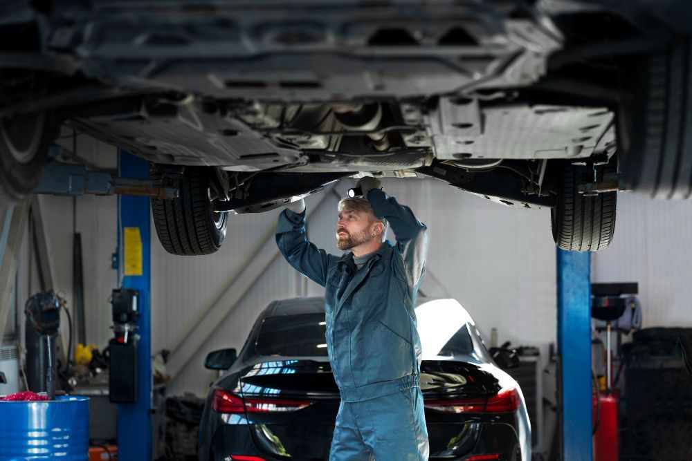 Car tire raised on a lift in a repair shop, mechanic in background. Car tire raised on a lift in a repair shop, mechanic in background.