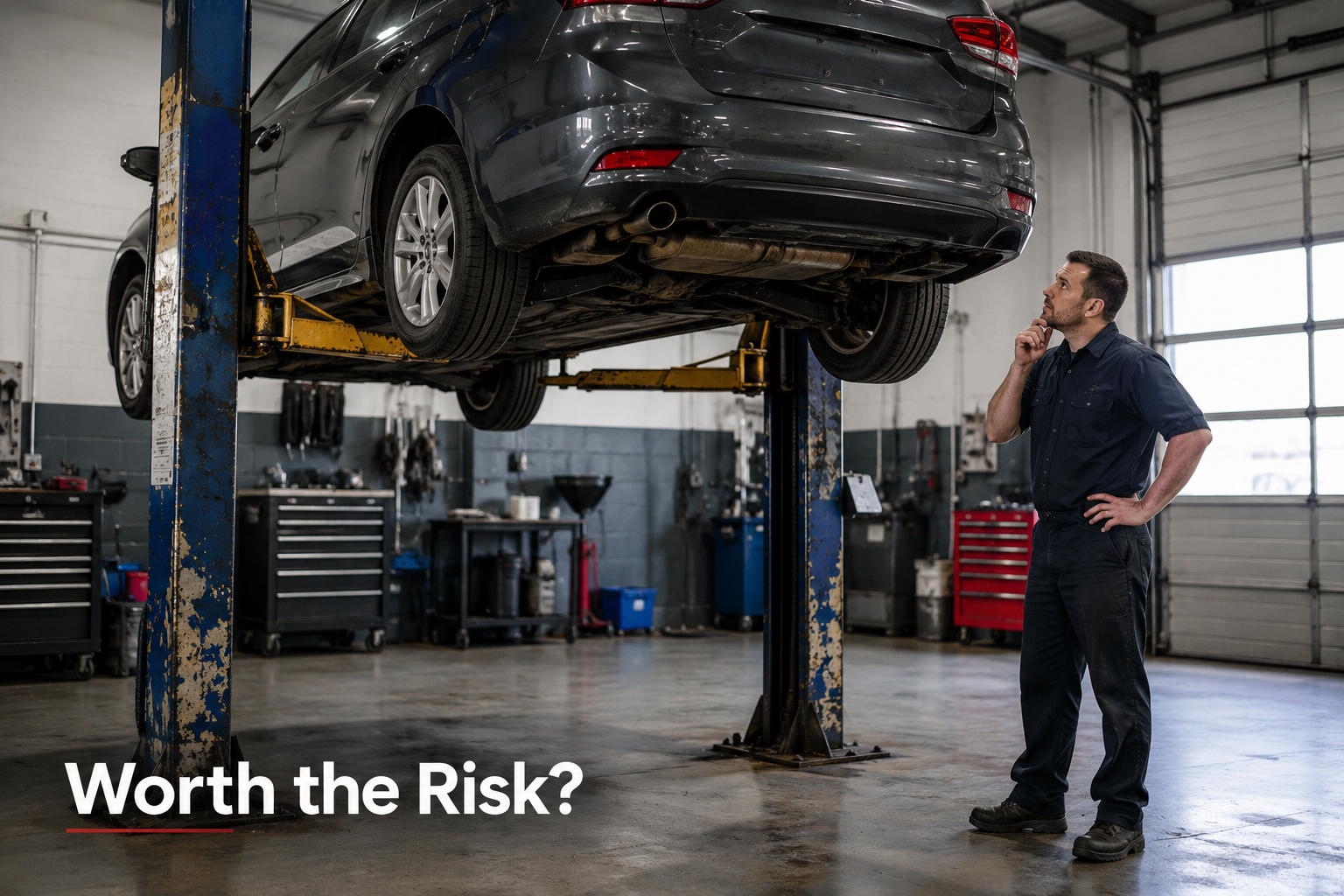 Car raised on hydraulic lift in auto shop while mechanic inspects it, with “Worth the Risk?” text.