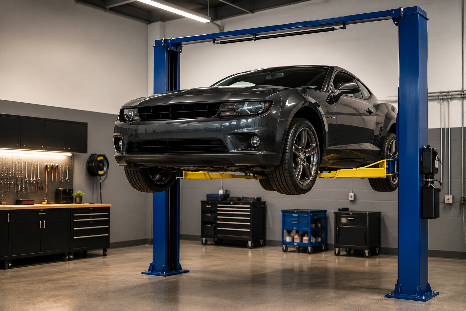 Black sports car lifted on a blue two-post garage lift in a clean workshop