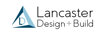 a logo for lancaster design and build with a blue triangle