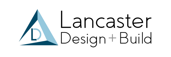 a logo for lancaster design and build with a blue triangle