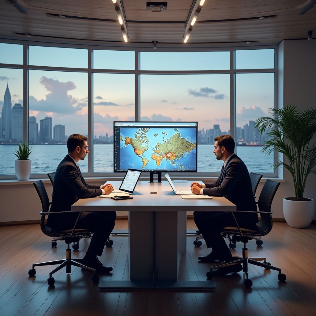 Two businesspeople in suits at a conference table, looking at a world map on a screen. Cityscape visible through window.