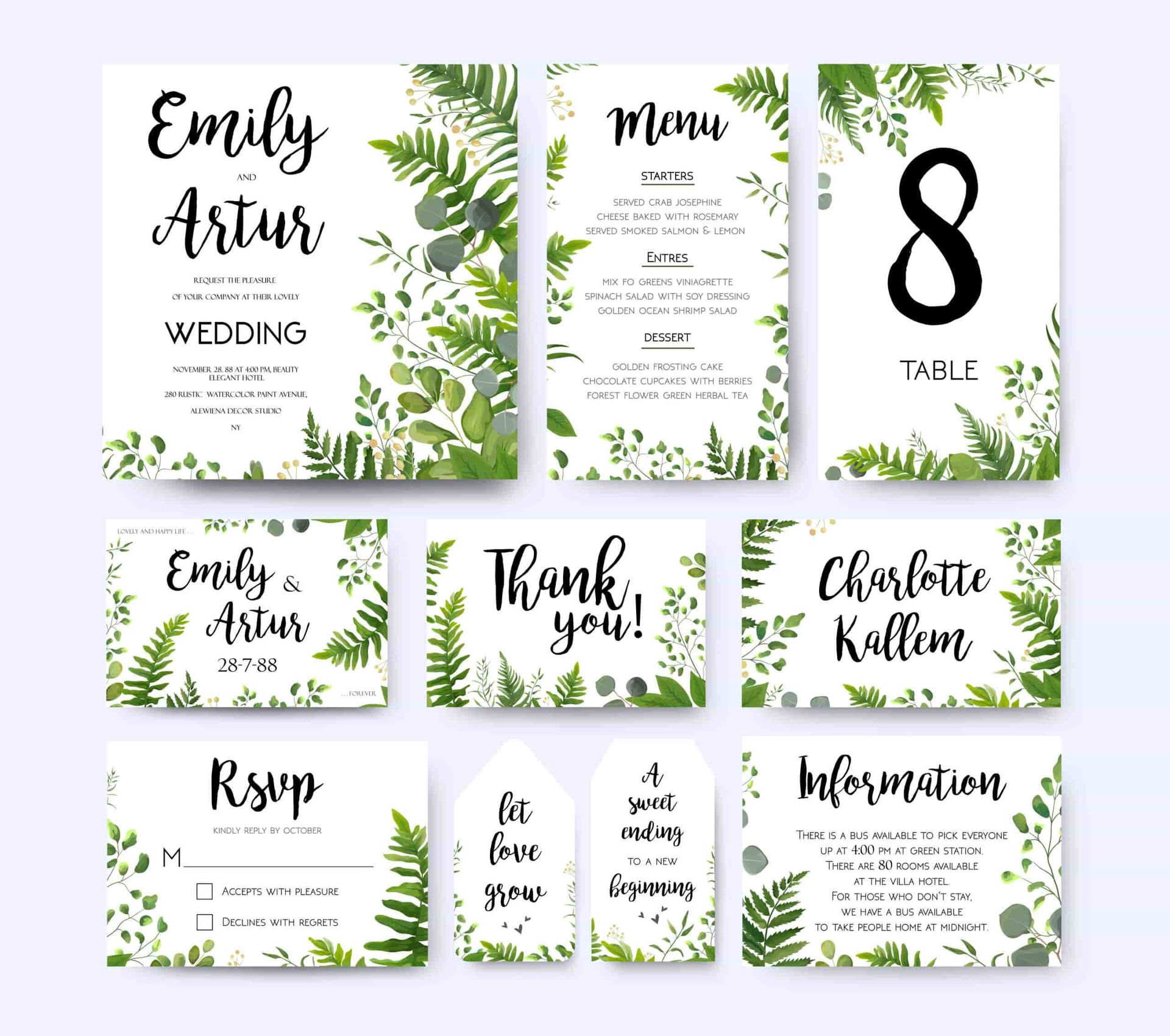 A Set Of Wedding Invitations With Green Leaves And Flowers — Armidale Colour Copy Centre In Armidale, NSW