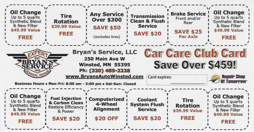 Car Care Club Membership Coupons | Bryan's Service L.L.C.