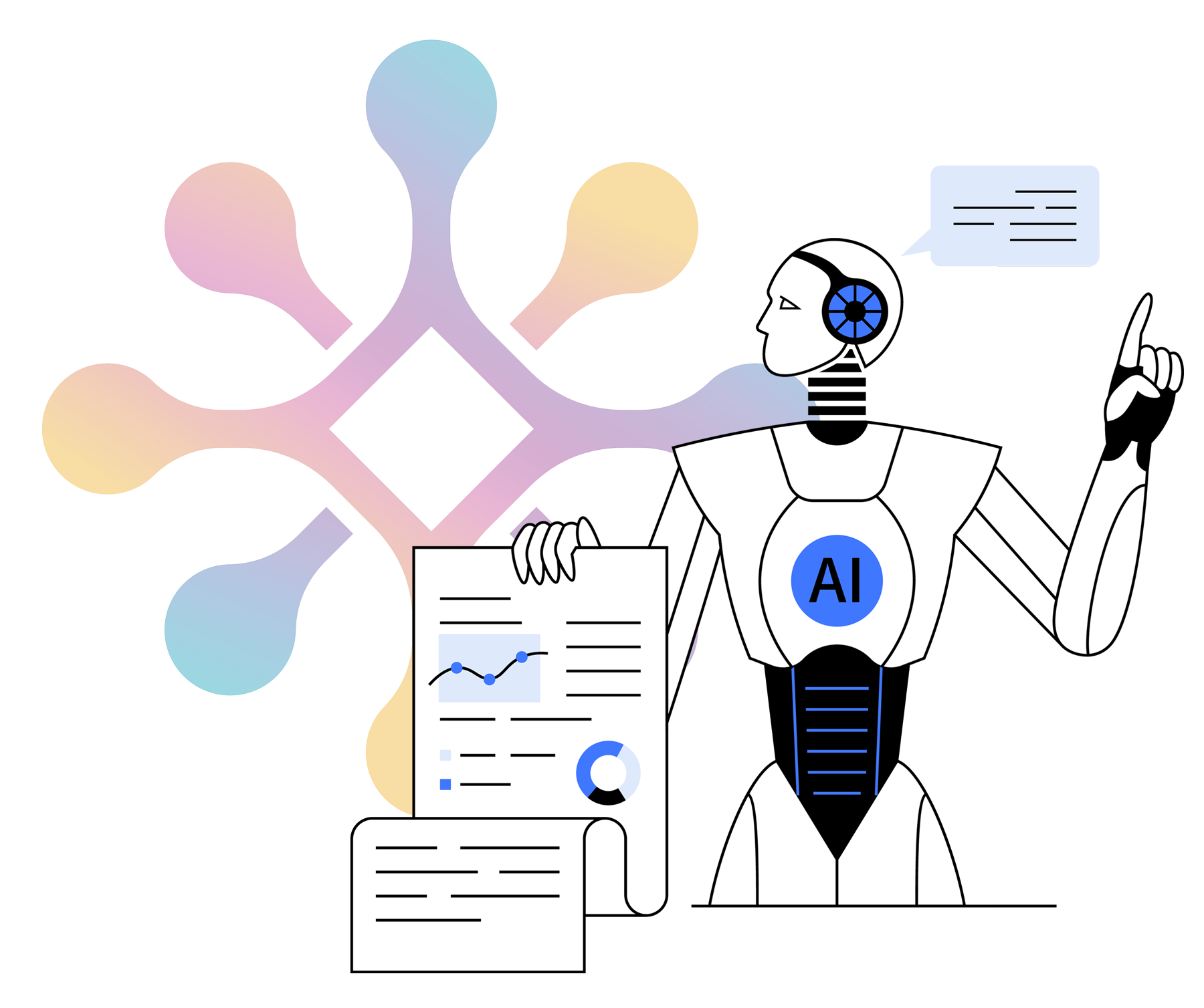 A robot is holding a piece of paper and pointing up.