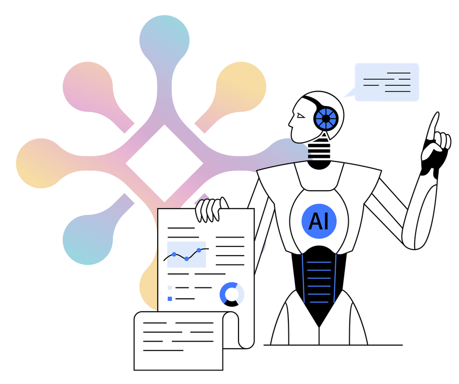 A robot is holding a piece of paper and pointing up.