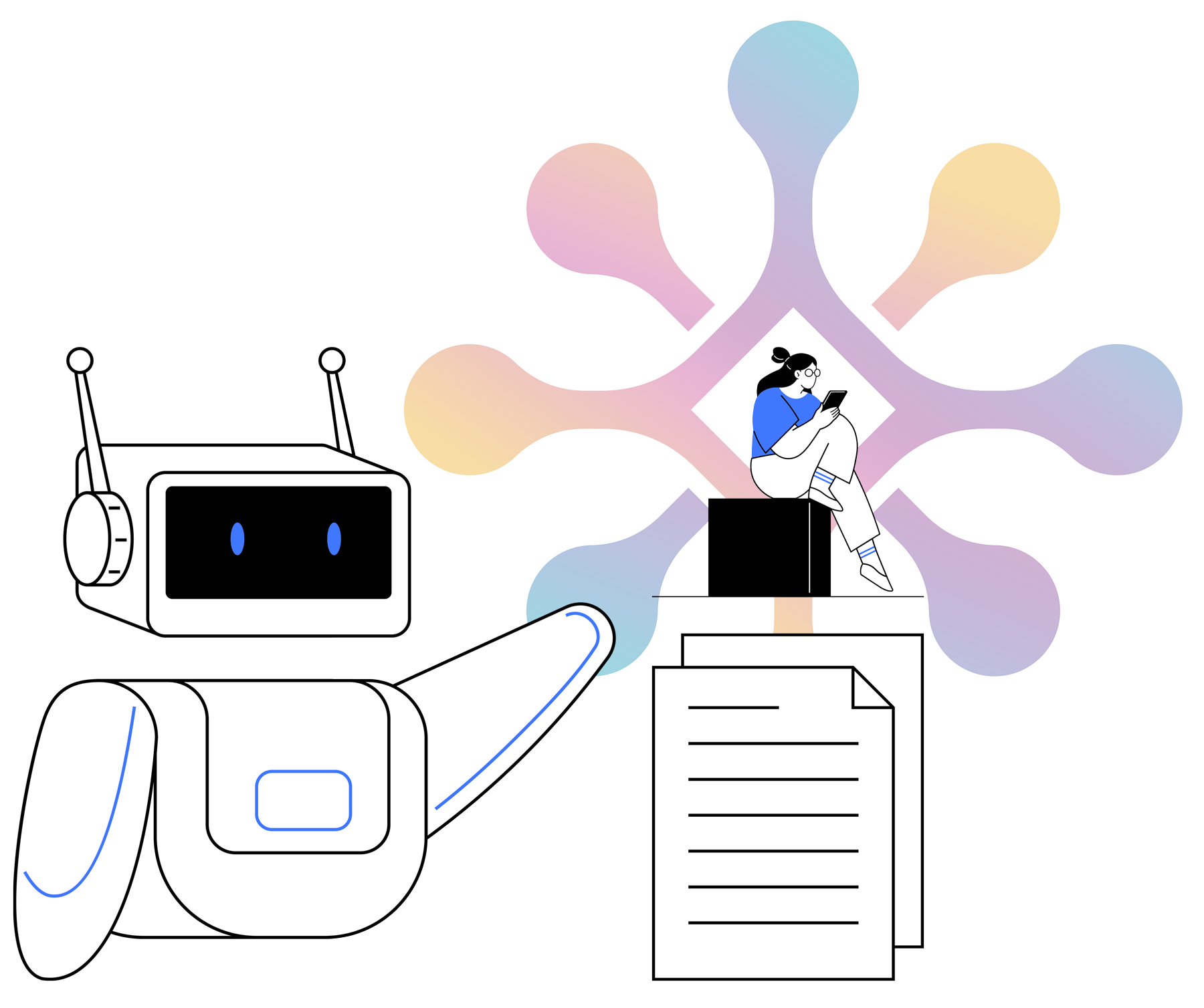 A robot is sitting next to a person holding a piece of paper.