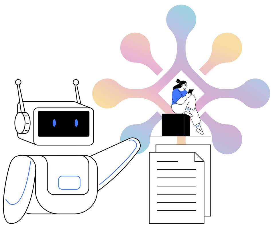 A robot is sitting next to a person holding a piece of paper.