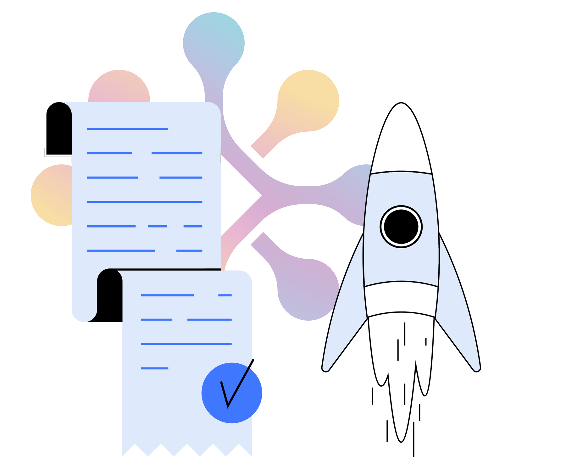 A rocket is flying through the air next to a piece of paper with a check mark on it.