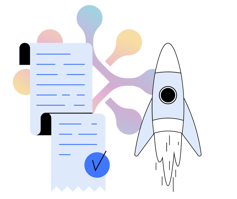 A rocket is flying through the air next to a piece of paper with a check mark on it.