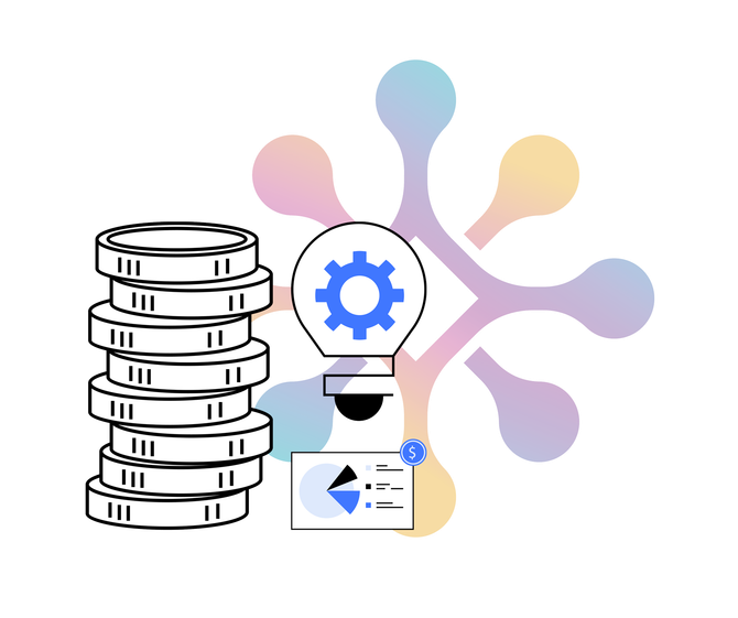 A stack of coins next to a light bulb with a gear on it.