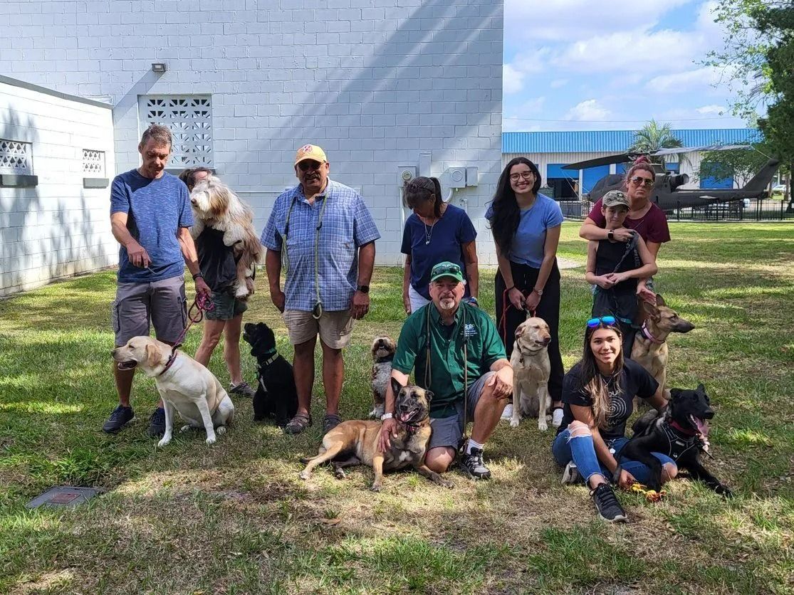 A group of people and their dogs are posing for a picture.