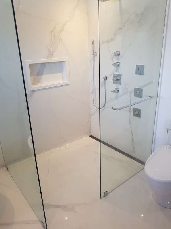 A bathroom with a walk in shower and a toilet.