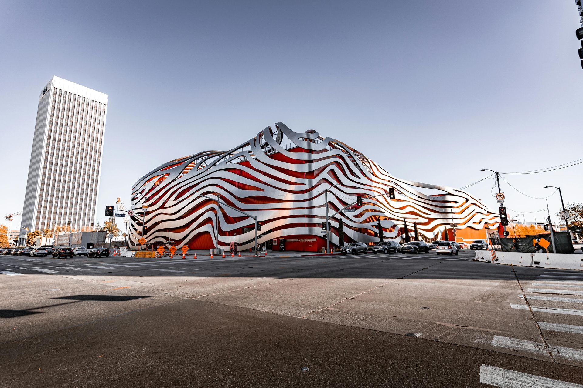 Exterior view of Petersen Automotive Museum. street view with cross section and blue sky
Petersen Automotive Museum