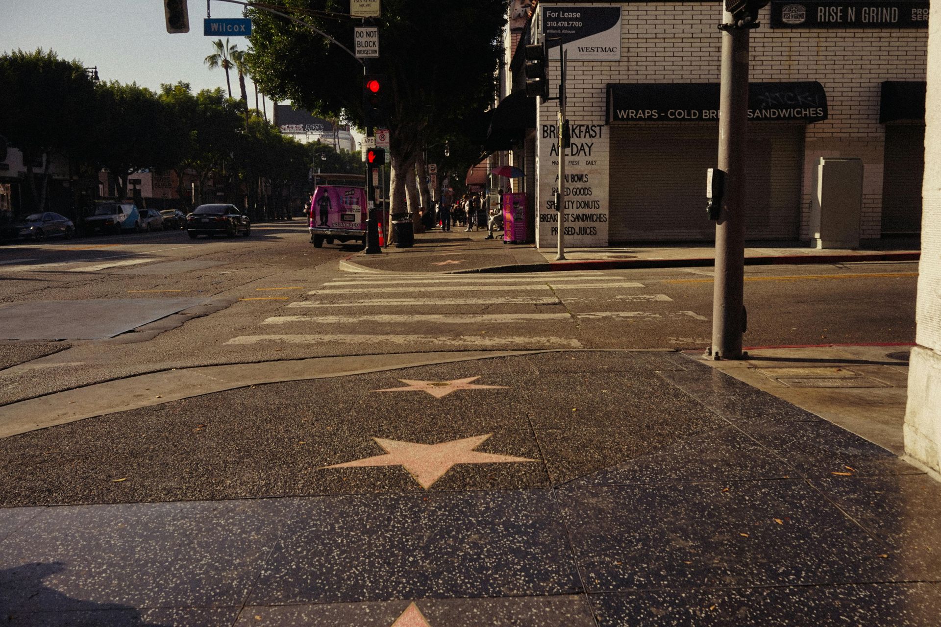 Hollywood Walk of Fame with star embedded in the sidewalk, crosswalk, and street.