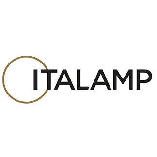 Logo per ITALAMP, con un cerchio marrone scuro sul lato sinistro e il nome del marchio in carattere sans-serif nero.