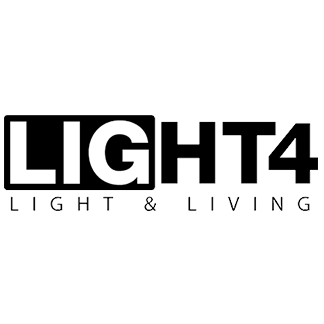 Logo di LIGHT4, azienda che offre soluzioni di illuminazione; testo su un rettangolo nero. 