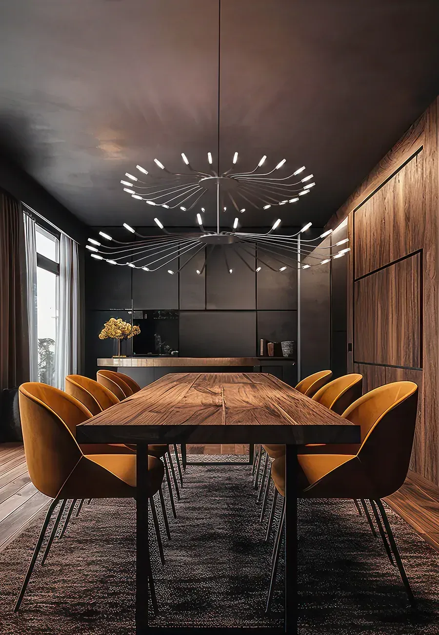 Sala da pranzo con un lungo tavolo in legno, sedie color senape e un lampadario moderno.