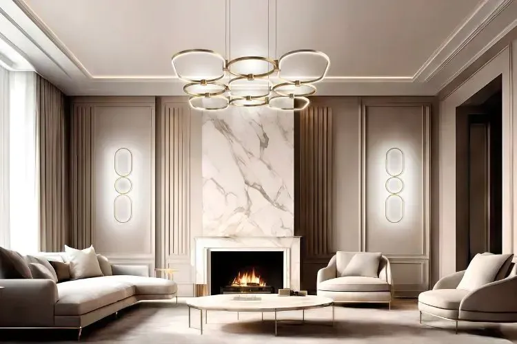 Elegante soggiorno con pareti beige, camino in marmo e moderna illuminazione dorata.