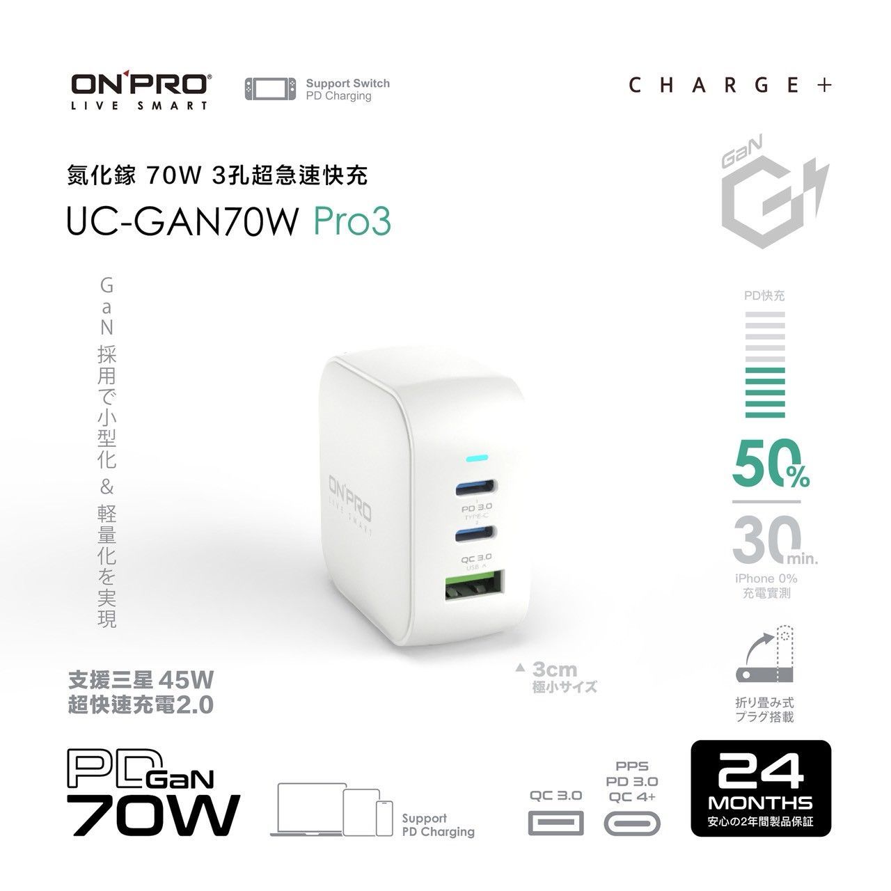 【ONPRO】Pro3 PD70W 氮化鎵GaN超急速快充