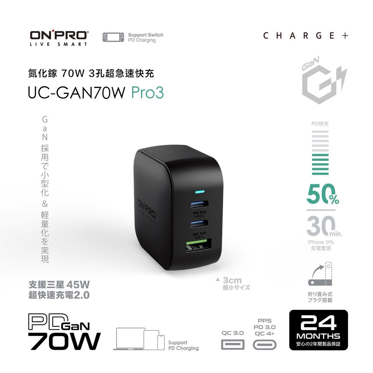 【ONPRO】Pro3 PD70W 氮化鎵GaN超急速快充