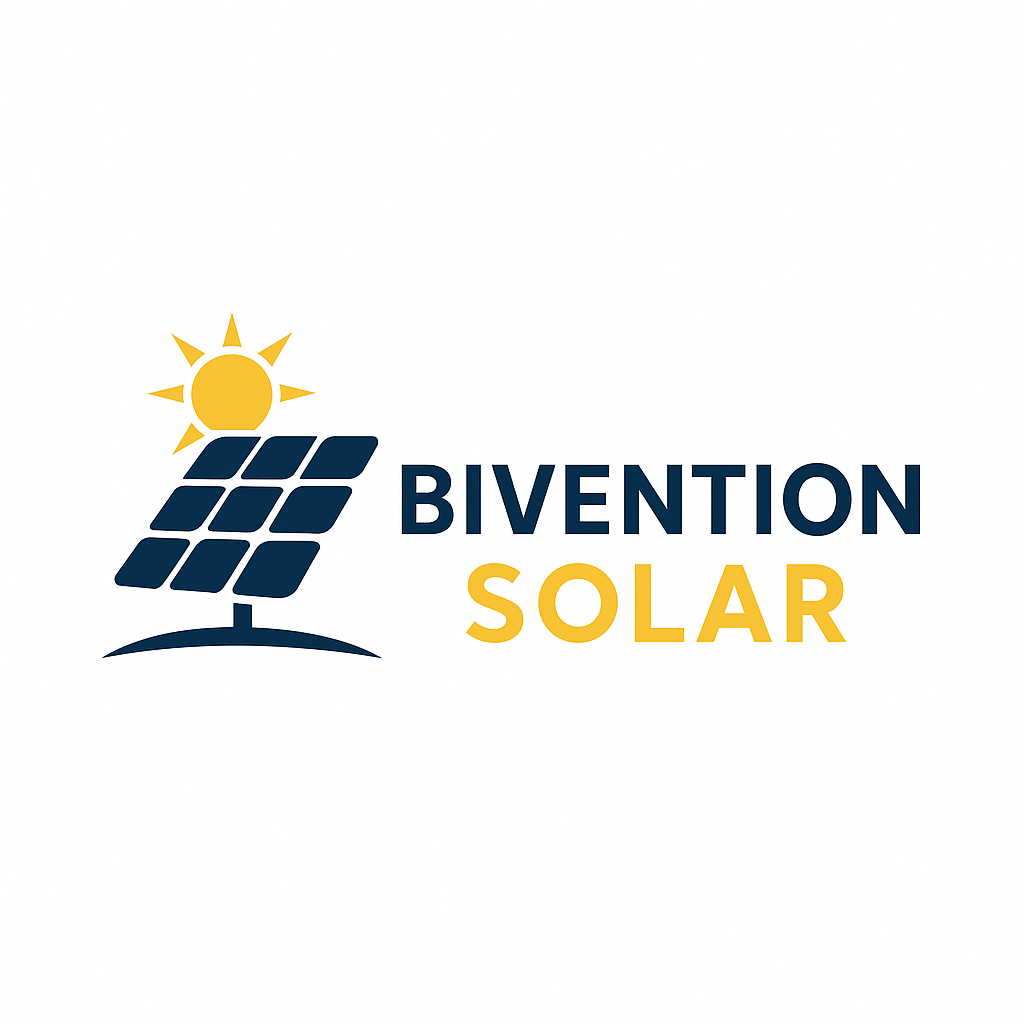 Logo of Bivention Solar: Sun and solar panel icon, navy and gold text on white.