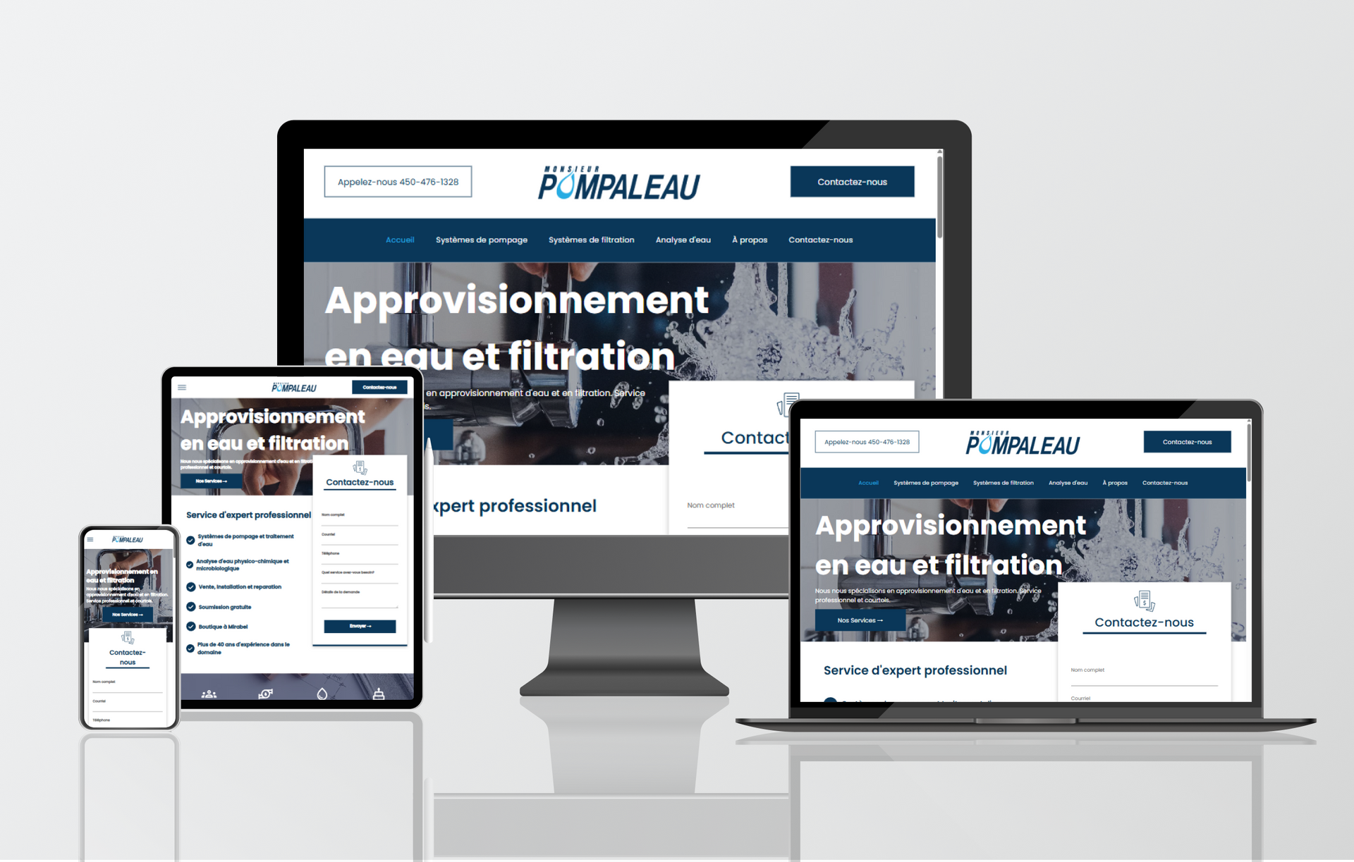 Un ordinateur, une tablette et un téléphone affichent le site de Pompaleau