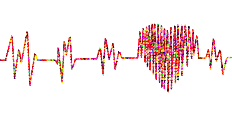 A colorful, mosaic-patterned heartbeat rhythm line transitioning into a heart shape against a white background.