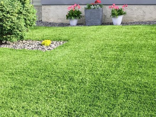 A Lush Green Lawn With Potted Plants in Front of a House — Ballina Turf Farm in Wardell, NSW
