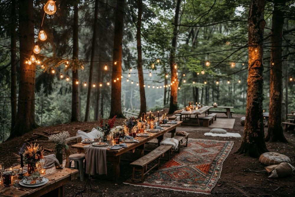 A long wooden table set for dinner in a forest, decorated with flowers, candles, and string lights, with rugs on the ground.