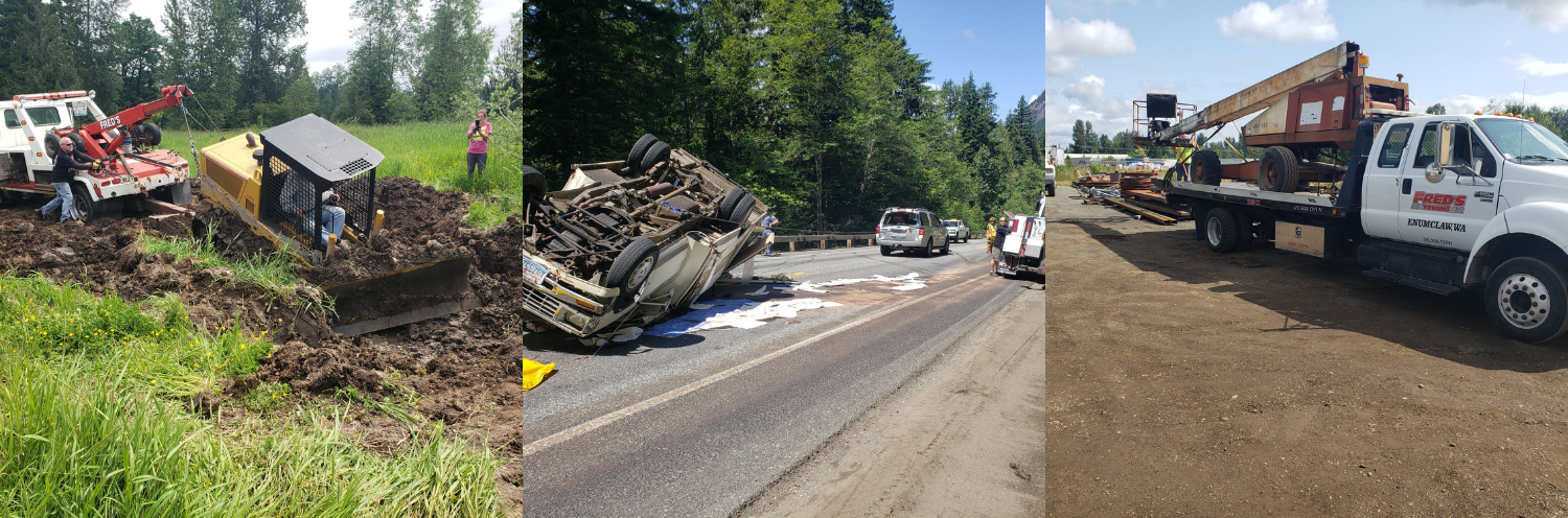 Accident scene: Bulldozer in field being pulled out by tow truck, overturned vehicle on road, and tow truck on dirt.
