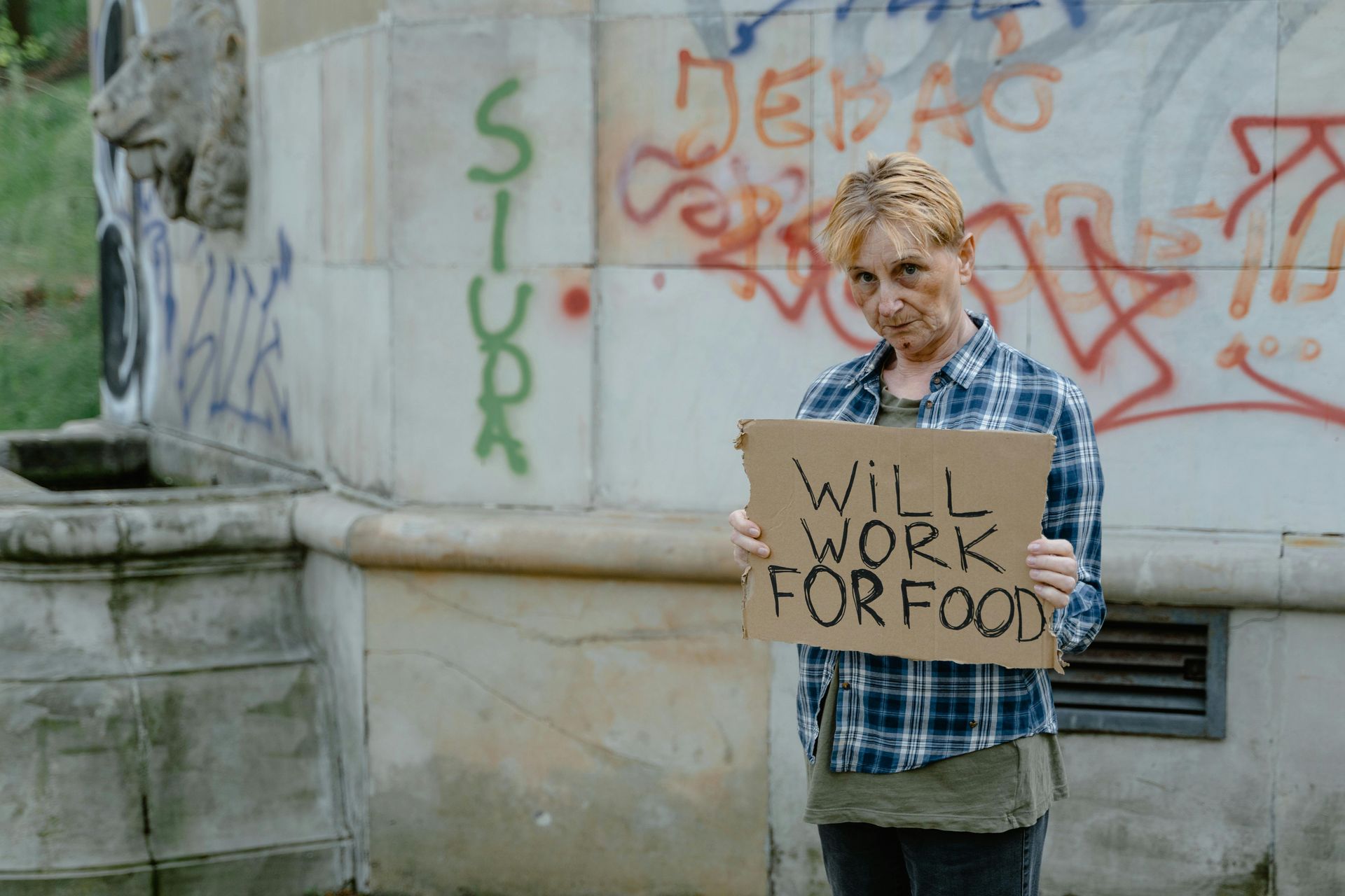A woman is holding a sign that says `` will work for food ''.
