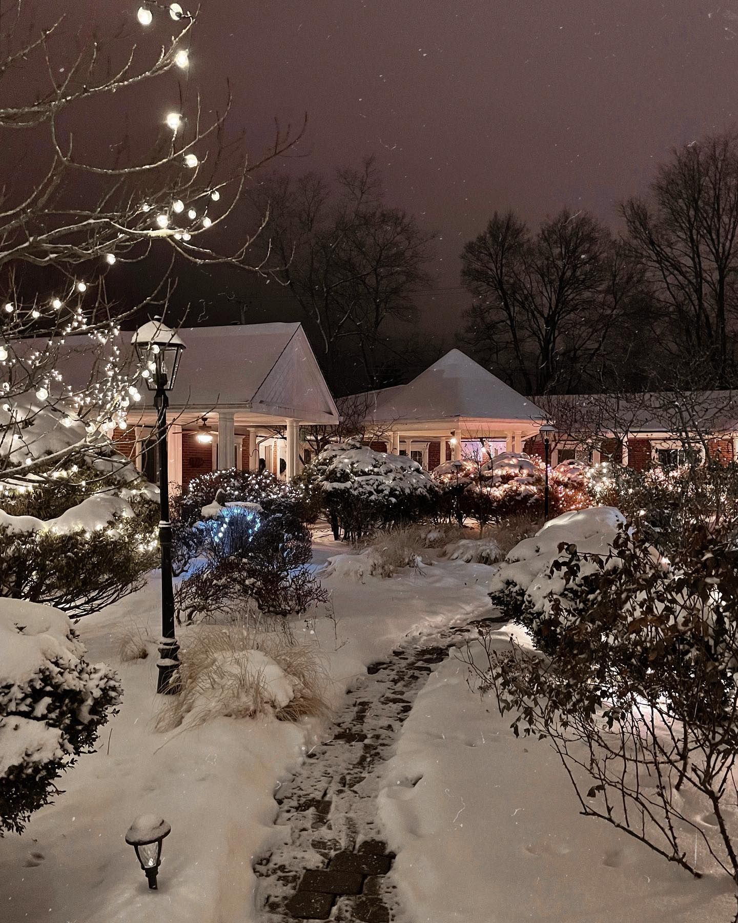Snowy outdoor scene with buildings and lights at night. Pathway through snow.